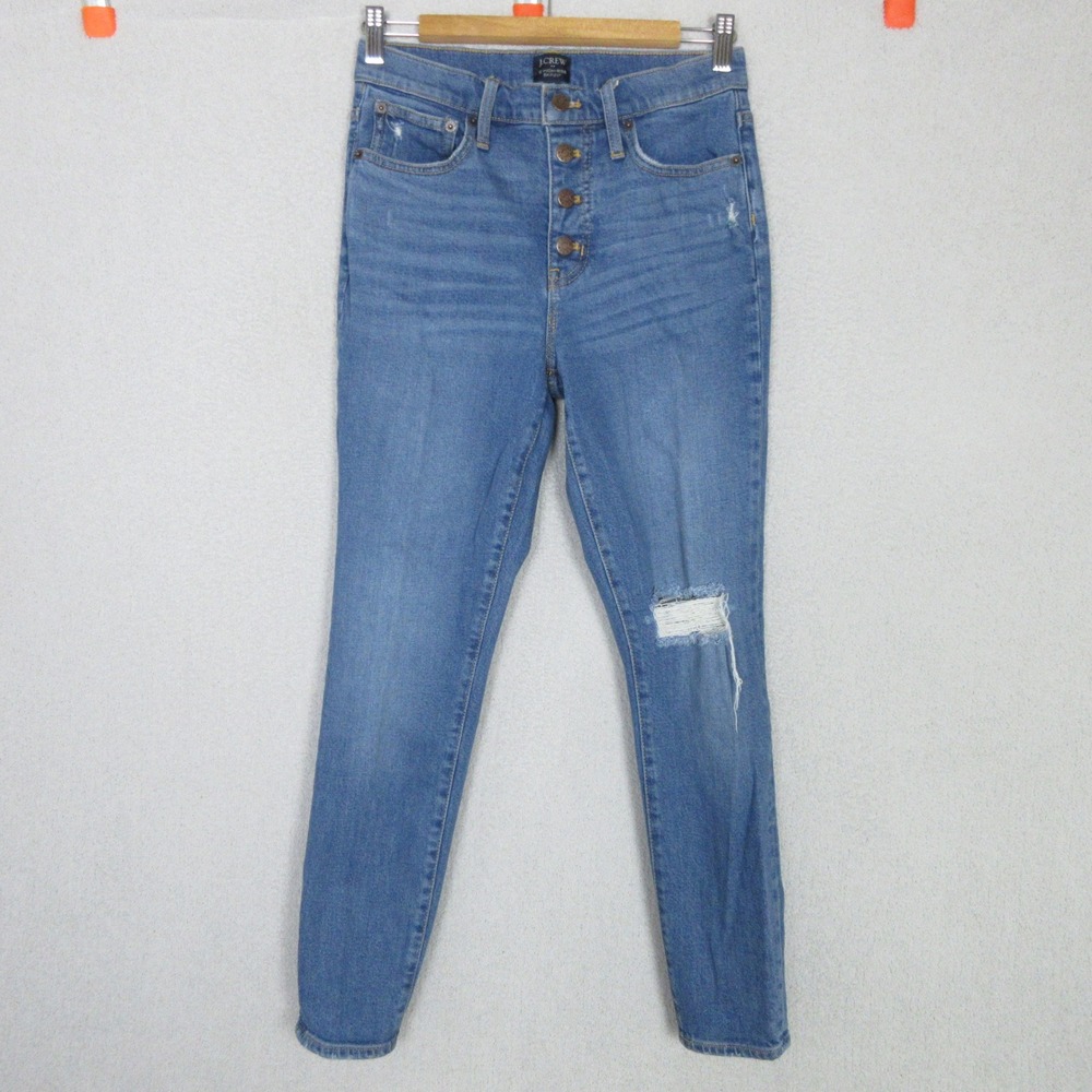 J Crew Womans High Rise Skinny Jeans Button Fly Blue Size 27 Distressed (29x27)